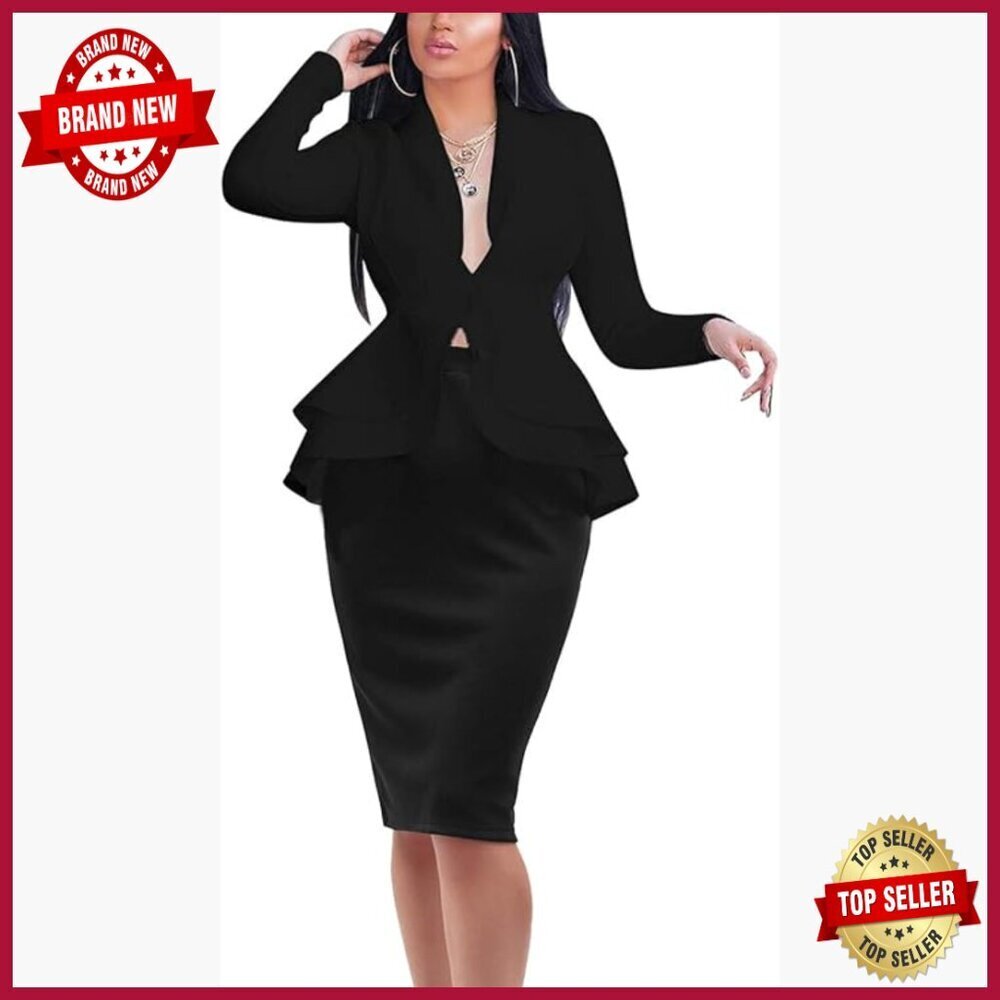 Stretchy Two Piece Suit Set Peplum Blazer Pencil Skirt Office Wear
